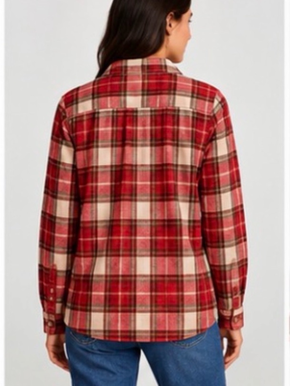 Women's Red and Cream Plaid Button-Up Shirt